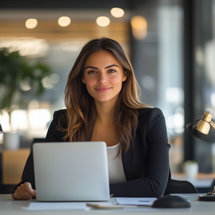 Professional woman working at desk with laptop