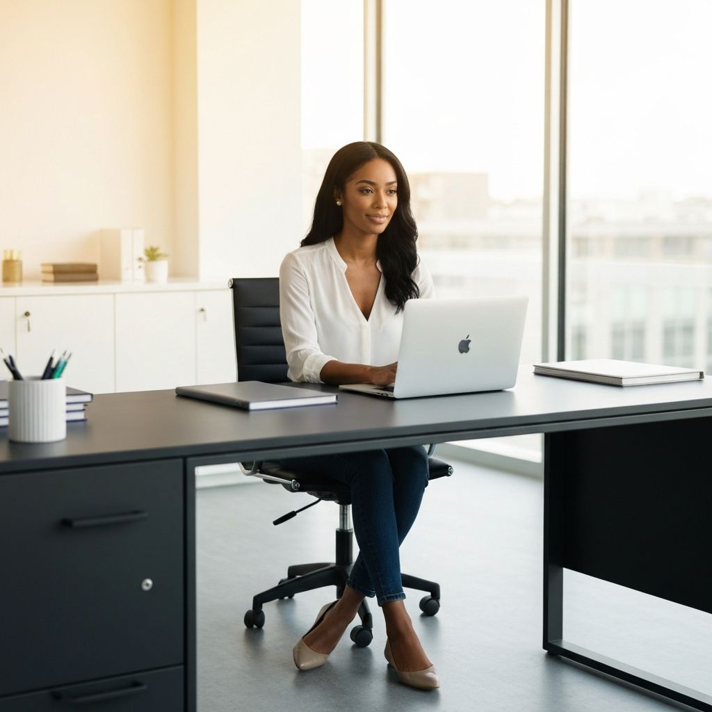 Professional woman working at desk with laptop